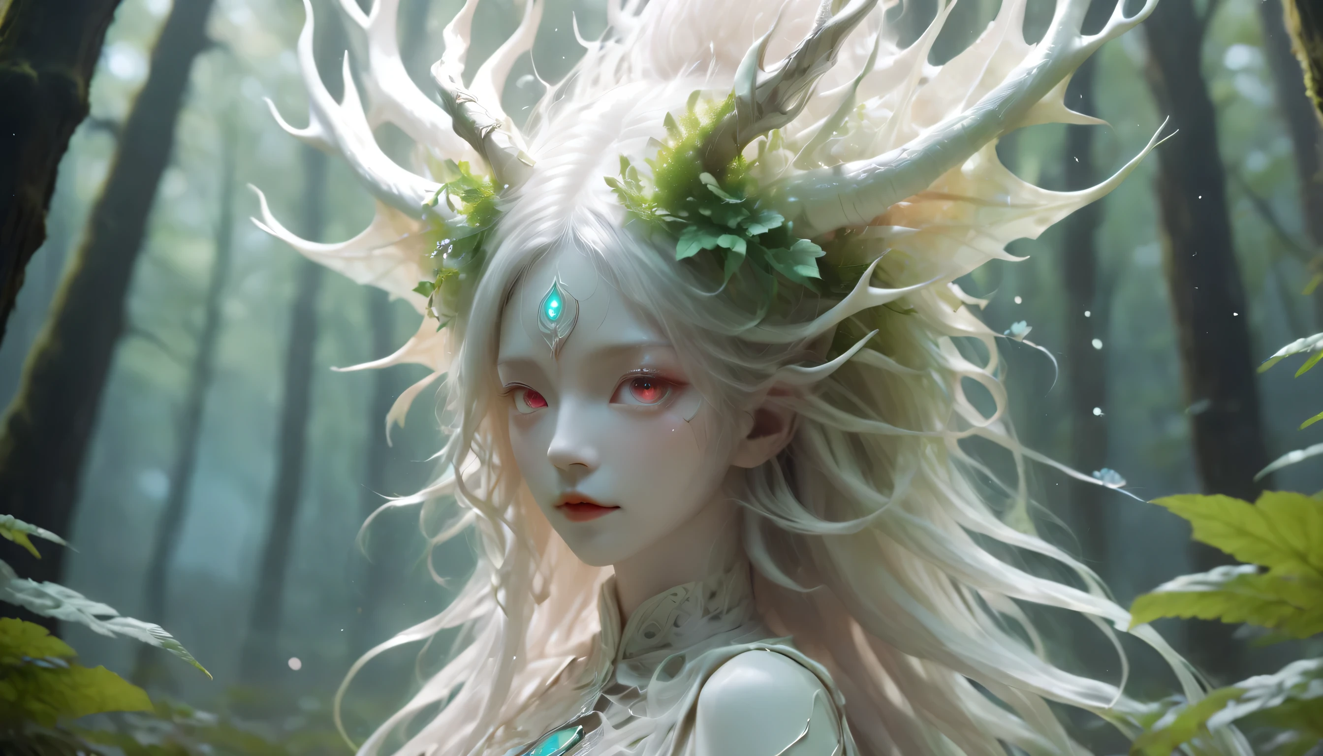 White dragon plant girl,(A girl made from fresh plants),forest,plant,Beautiful psychedelic psychedelic white complex,Cute face,Long hair,8K,Ultra-fine knots,deer antlers,