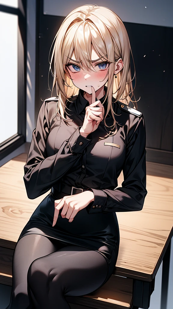 {{masterpiece}}, {{{Highest quality}}},{{Very detailed}},{{{from below}}},{{Blonde female police officer sitting on a chair}}Pencil skirt with slits,Black leggings,Black tights,Small breasts Black underwear、Thin legs long sleeve police uniform,Sitting in a chair in an office with a serious expression,Focus on legs{{{Sitting in a chair in an office with a serious expression成熟した女性}}},{{疲労でSweatをかいている成人女性}},Sweat,Hold the arm with one hand ,sit,{{Blushing}},{{V-shaped eyebrows}}},{{{}},{椅子にsit}},{},, ,{{}},,,{{}},{{}},,Slender body}}{{Female police officer}},,blush,Wrinkles ,amount,Grit your teeth,suffering,v-shaped eyebrows.,Sweat dripping ,get annoyed,,Inside the office,