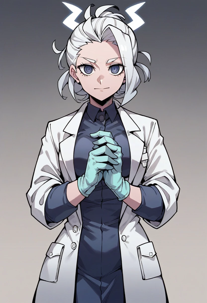 1girl, angel \(helltaker\), ((blue medical gloves)), ((surgical gloves)), ((latex gloves)), ((long sleeves)), looking at viewer, ((white doctor outfit)), standing, solo