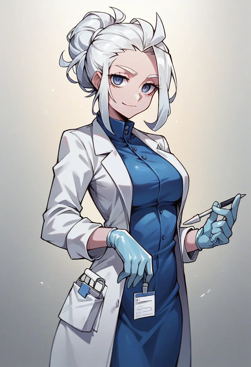 1girl, angel \(helltaker\), ((blue medical gloves)), ((surgical gloves)), ((latex gloves)), ((long sleeves)), looking at viewer, ((white doctor outfit)), standing, solo