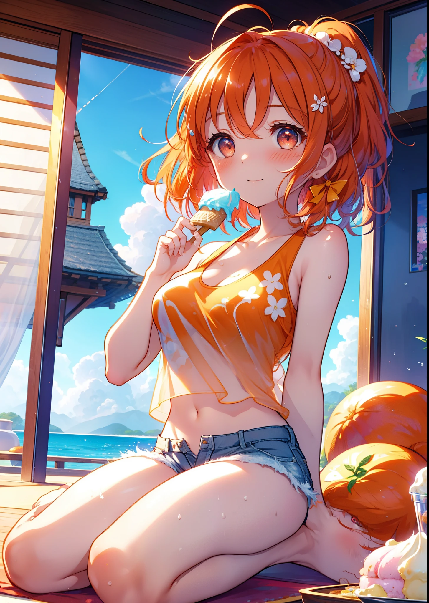 Takahai Chige,Orange Hair,Red eyes,smile,blush,Open your mouth,Long Hair,Ahoge,Orange tank top,Shorts,barefoot,Holding and eating ice cream with both hands,Sitting on the sofa,Daytime,Clear skies,　　　　　　　　　　　　　　　break indoors, room, 　　　　　　　　　　　　　break looking at viewer, whole body, (Cowboy Shot:1. 5)　　　　　　　　　　　　　　　　　　break (masterpiece:1.2), Highest quality, High resolution, unity 8k wallpaper, (shape:0.8), (Beautiful attention to detail:1.6), Highly detailed face, Perfect lighting, Extremely detailed CG, (Perfect hands, Perfect Anatomy),