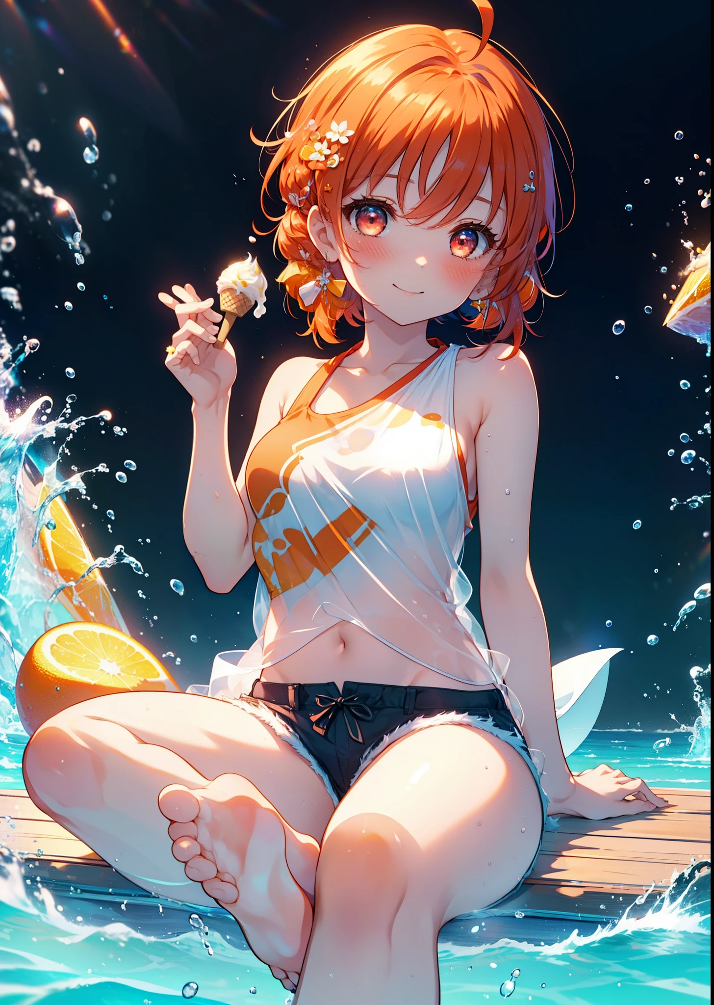 Takahai Chige,Orange Hair,Red eyes,smile,blush,Open your mouth,Long Hair,Ahoge,Orange tank top,Shorts,barefoot,Holding and eating ice cream with both hands,Sitting on the sofa,Daytime,Clear skies,　　　　　　　　　　　　　　　break indoors, room, 　　　　　　　　　　　　　break looking at viewer, whole body, (Cowboy Shot:1. 5)　　　　　　　　　　　　　　　　　　break (masterpiece:1.2), Highest quality, High resolution, unity 8k wallpaper, (shape:0.8), (Beautiful attention to detail:1.6), Highly detailed face, Perfect lighting, Extremely detailed CG, (Perfect hands, Perfect Anatomy),