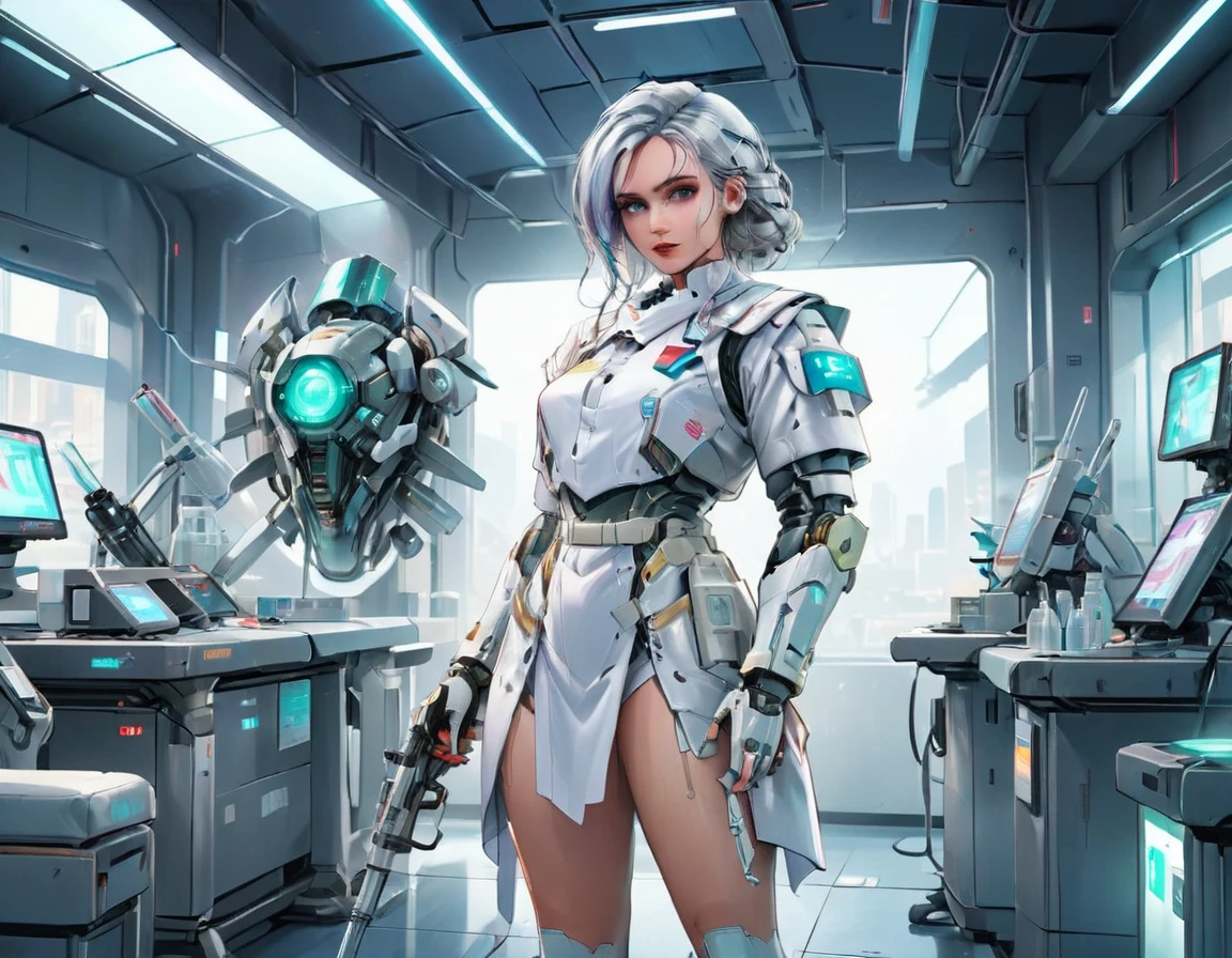 a picture of mech nurse in a futuristic hospital, exquisite beautiful nurse,  dynamic hair style, ((full body shot: 1.5)), ((anatomically correct: 1.5)), (ultra detailed face: 1.2), best detailed face, wearing white nurse robes, white pants, white high heels, delicate mechanical parts, (she holds a syringe: 1.3), cyberpunk hospital background, vibrant, Hyperrealism style, vibrant, Ultra-high resolution, High Contrast, (masterpiece:1.5), highest quality, Best aesthetics), best details, best quality, highres, ultra wide angle, 16k, [ultra detailed], masterpiece, best quality, (extremely detailed) RAW, mecha