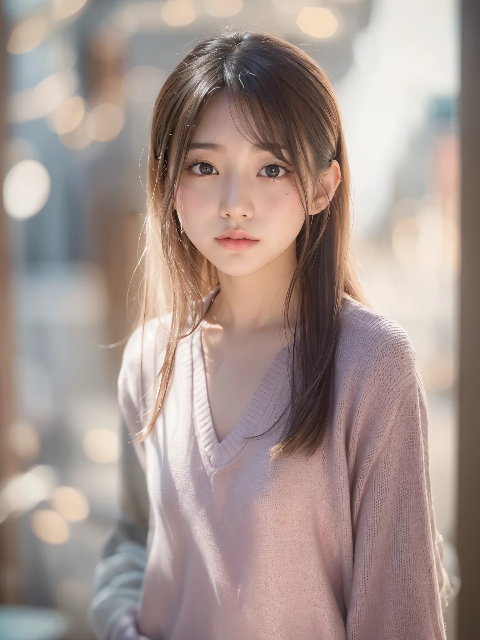 A photograph of an 18-year-old super cute Japanese girl's face, subtle gradient shadows, natural pose, straight-on angle, blurred soft background. softly blurred pastel colors, complementing her hair gradient.