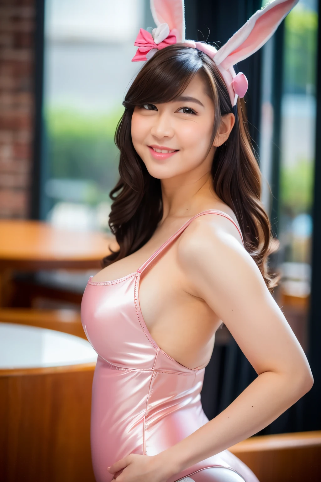 standing, (pink leather playboy bunny), pink pantyhose, pink leotard, rabbit ears, red bowtie, wrist cuffs,, looking at camera, front view, long hair, bangs, (detailed face), at livingroom, tempting pose, potrait body, mouth closed, smiling, black eyes, 1 girl, 20yo,Young female,Beautiful Finger,Beautiful long legs,Beautiful body, Beautiful Nose,Beautiful character design, perfect eyes, perfect face,expressive eyes,perfect balance, (looking at viewer), official art,extremely detailed CG unity 8k wallpaper, perfect lighting,Colorful, Bright_Front_face_Lighting,White skin, (masterpiece:1.0),(best_quality:1.0), ultra high res,4K,ultra-detailed, photography, 8K, HDR, highres, absurdres:1.2, Kodak portra 400, film grain, bokeh:1.2, lens flare, (vibrant_color:1.2),professional photograph, (Beautiful,huge_Breasts:1.4), (beautiful_face:1.5),(narrow_waist)