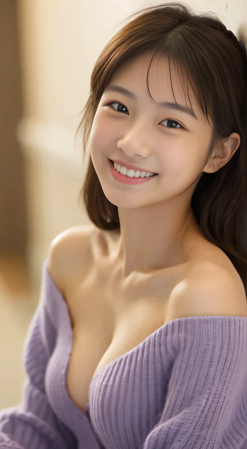 masterpiece,best quality,(Japanese girl),((Beautiful girl)),cleavage,(off shoulder:1.2),(perfect body beauty:1.2),(shy smile),beautiful teeth,From slightly above