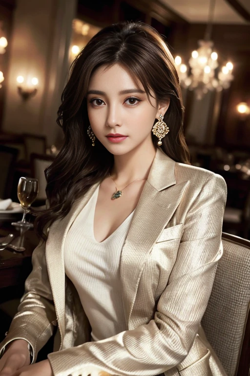 masterpiece, Highest quality, Realistic, Very detailed, Finer details, High resolution, 8k wallpaper, One beautiful woman, Wear a nice suit, In a great restaurant, At night, Light brown messy hair, Perfect dynamic composition, Beautiful and beautiful eyes、Big earrings、Sit comfortably in a chair、