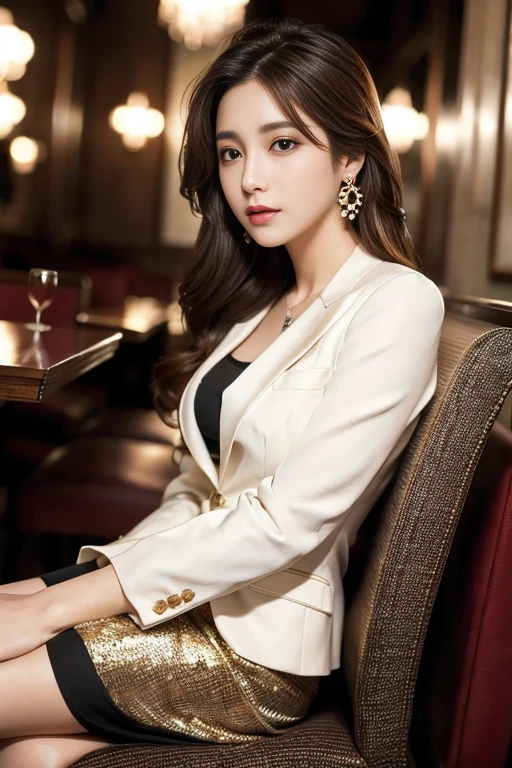 masterpiece, Highest quality, Realistic, Very detailed, Finer details, High resolution, 8k wallpaper, One beautiful woman, Wear a nice suit, In a great restaurant, At night, Light brown messy hair, Perfect dynamic composition, Beautiful and beautiful eyes、Big earrings、Sit comfortably in a chair、
