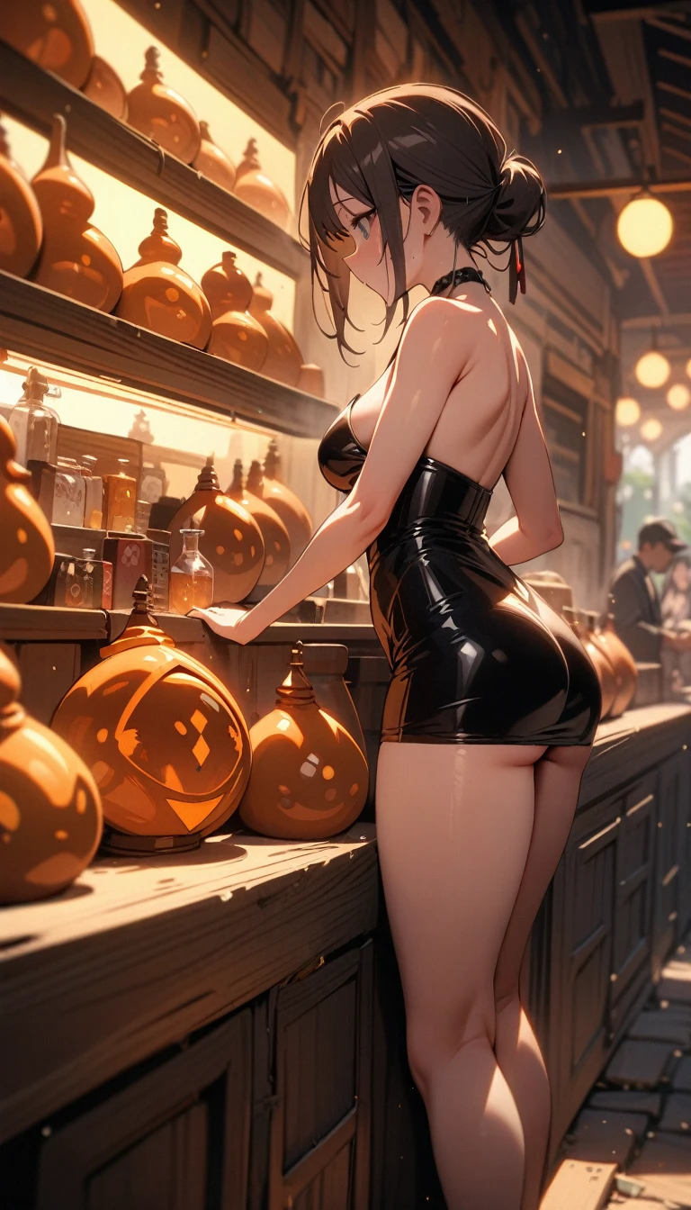 ((best quality)) , ((masterpiece)) , (detailed)，((1 female)),Sell rock sugar gourds，A simple stall，High heel