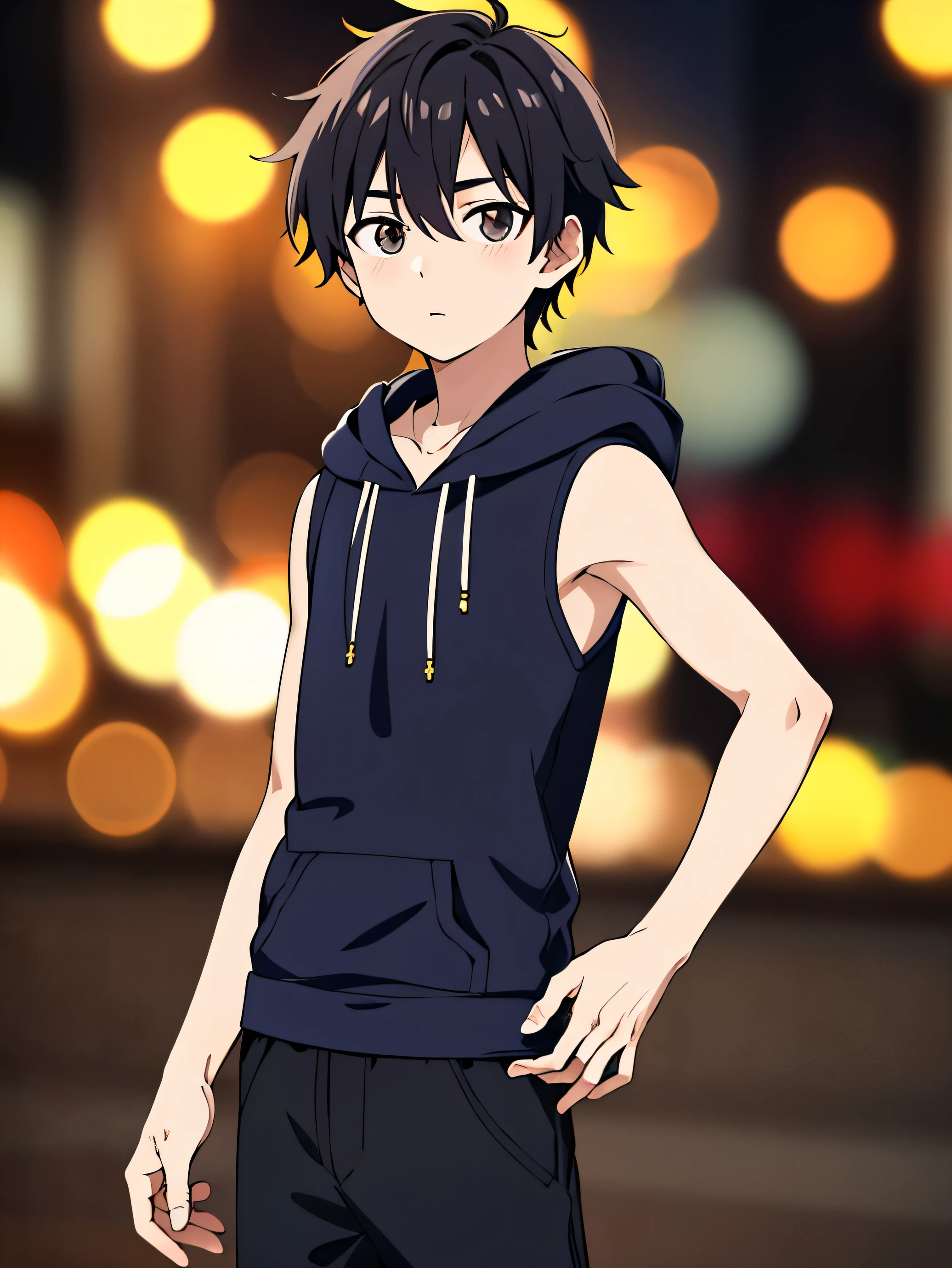 Highres, Masterpiece, Best quality at best,Best Quality,hight quality, hight detailed, Anime style, Anime screenshot, 1boy, Shota, young boy, Solo person, Black hoodie, Sleeveless hoodie, Seen from the front, look at viewer, (very young boy), (very small and short body), 12-year-old boys, hansome boy, Uhd, bokeh