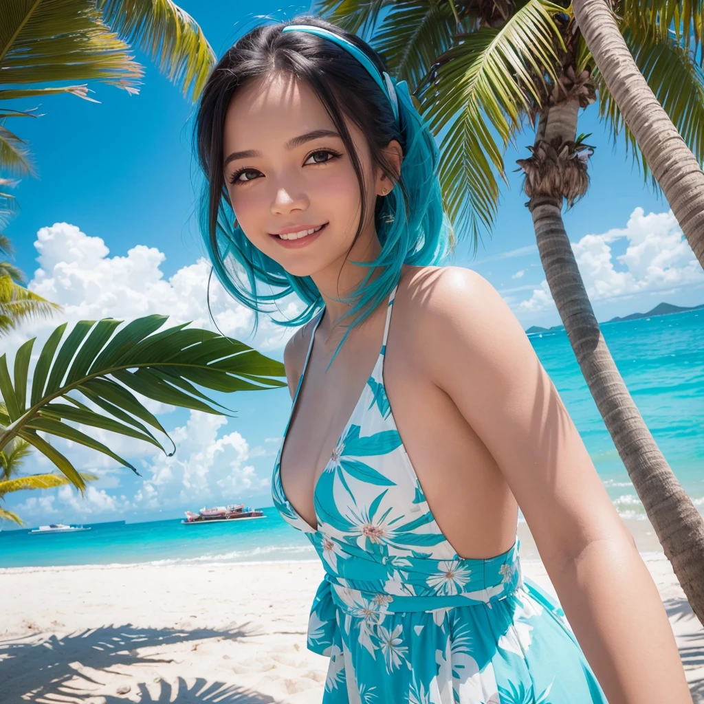 portrait of a girl, smile, close up, on a tropical beach, palm trees in the background, clear blue sky, turquoise water, white sand, summer dress, sunlight, soft shadows, vibrant colors, highly detailed, realistic, 8k resolution