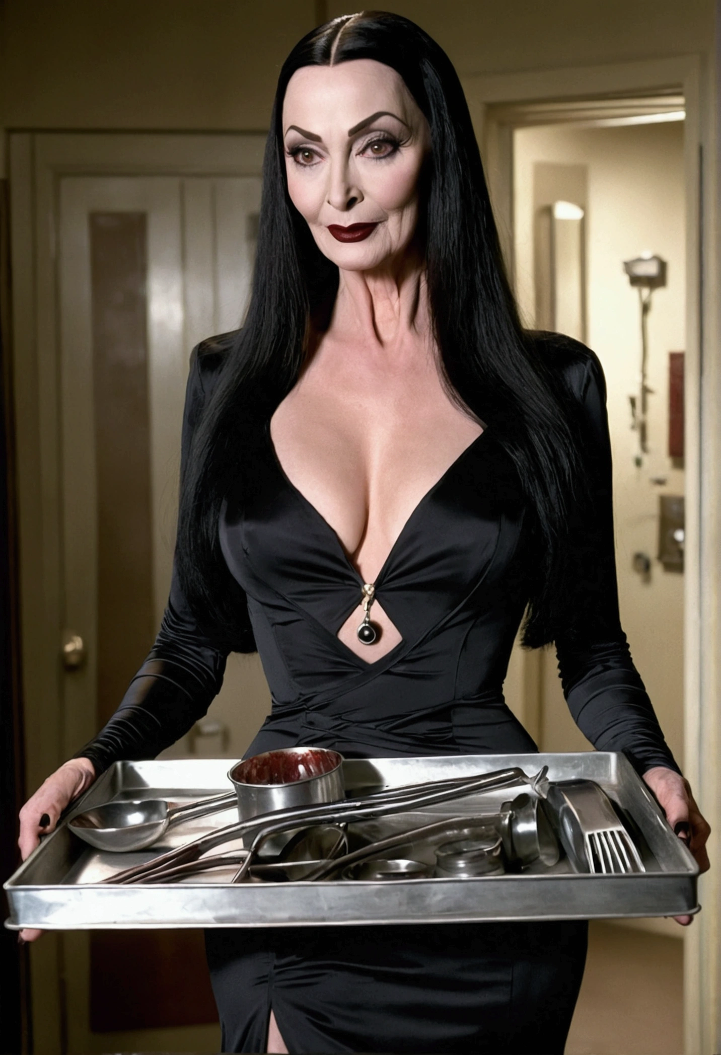 Morticia Adams, in a slinky nurses dress with several deep revealing splits, carrying a tray of scary medical tools, sultry stance