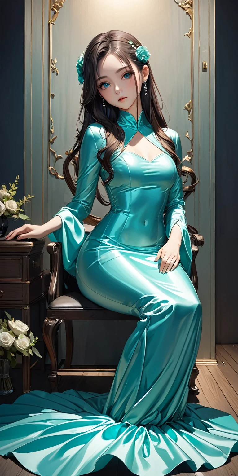Portraiture、(masterpiece,Highest quality,Ultra-high resolution),Japanese women, (((Very beautiful 25 year old girl))),She is wearing a long-sleeved dress made of shiny light turquoise satin..、The dress has a simple design without any patterns.、The skirt is mermaid style、Dark Room