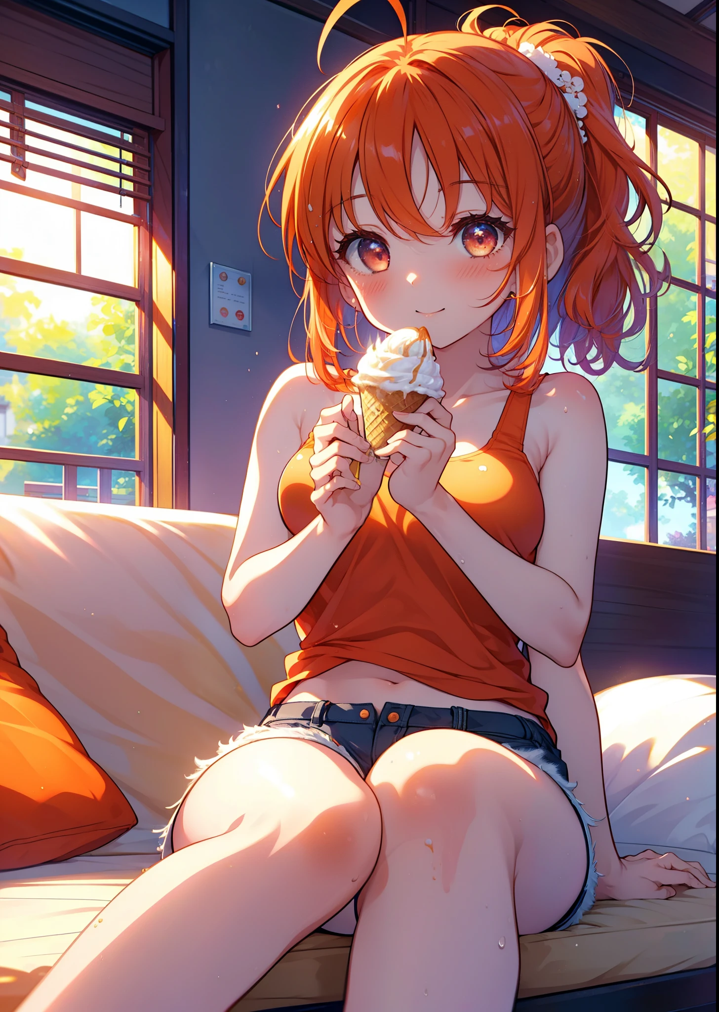 Takahai Chige,Orange Hair,Red eyes,smile,blush,Open your mouth,Long Hair,Ahoge,Orange tank top,Shorts,barefoot,Holding and eating ice cream with both hands,Sitting on the sofa,Daytime,Clear skies,　　　　　　　　　　　　　　　break indoors, room, 　　　　　　　　　　　　　break looking at viewer, whole body, (Cowboy Shot:1. 5)　　　　　　　　　　　　　　　　　　break (masterpiece:1.2), Highest quality, High resolution, unity 8k wallpaper, (shape:0.8), (Beautiful attention to detail:1.6), Highly detailed face, Perfect lighting, Extremely detailed CG, (Perfect hands, Perfect Anatomy),