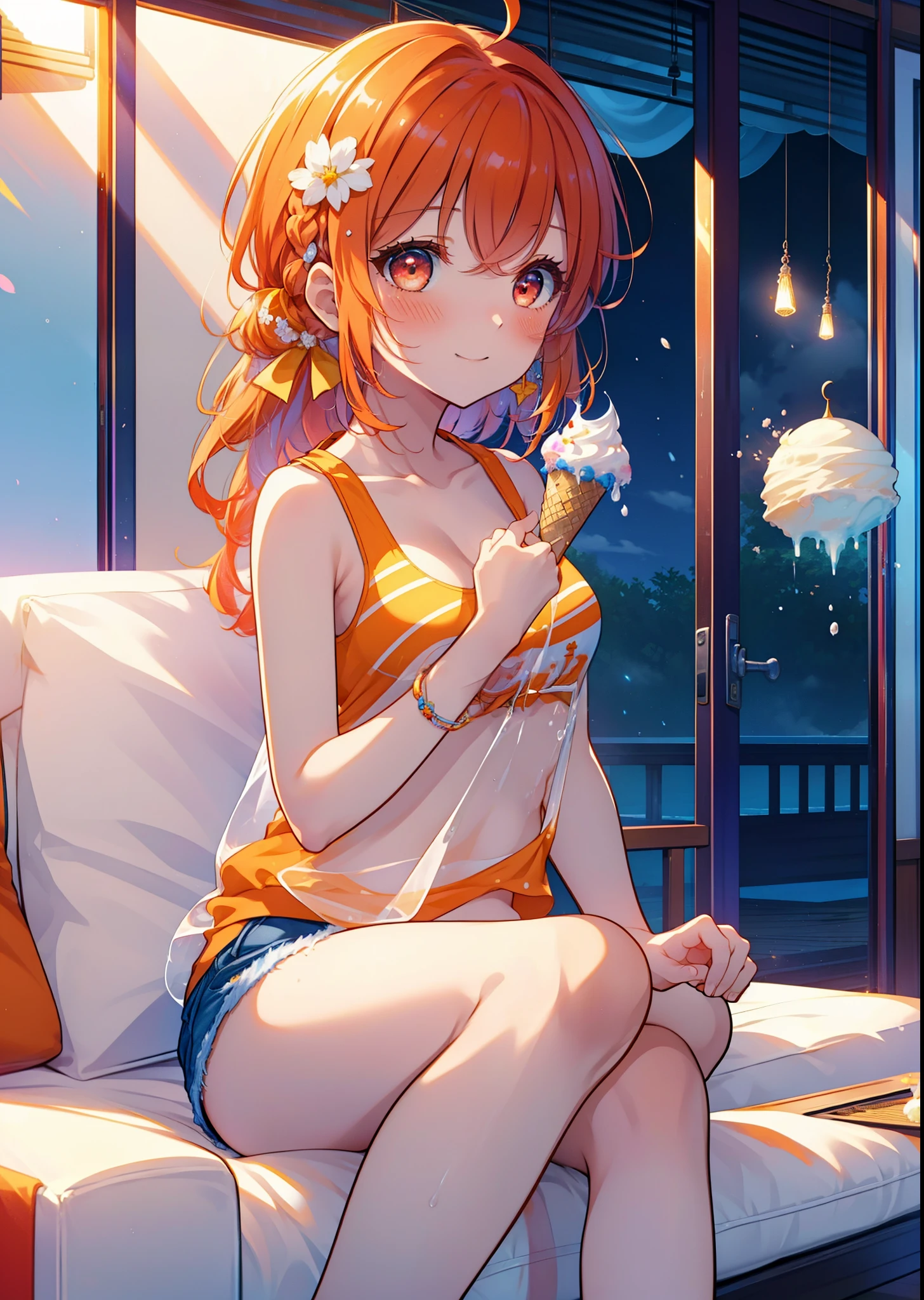 Takahai Chige,Orange Hair,Red eyes,smile,blush,Open your mouth,Long Hair,Ahoge,Orange tank top,Shorts,barefoot,Holding and eating ice cream with both hands,Sitting on the sofa,Daytime,Clear skies,　　　　　　　　　　　　　　　break indoors, room, 　　　　　　　　　　　　　break looking at viewer, whole body, (Cowboy Shot:1. 5)　　　　　　　　　　　　　　　　　　break (masterpiece:1.2), Highest quality, High resolution, unity 8k wallpaper, (shape:0.8), (Beautiful attention to detail:1.6), Highly detailed face, Perfect lighting, Extremely detailed CG, (Perfect hands, Perfect Anatomy),