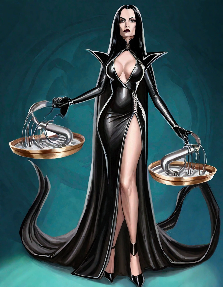 Morticia Adams, in a slinky nurses dress with several deep revealing splits, carrying a tray of scary medical tools, sultry stance
