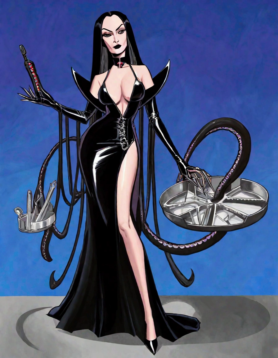 Morticia Adams, in a slinky nurses dress with several deep revealing splits, carrying a tray of scary medical tools, sultry stance