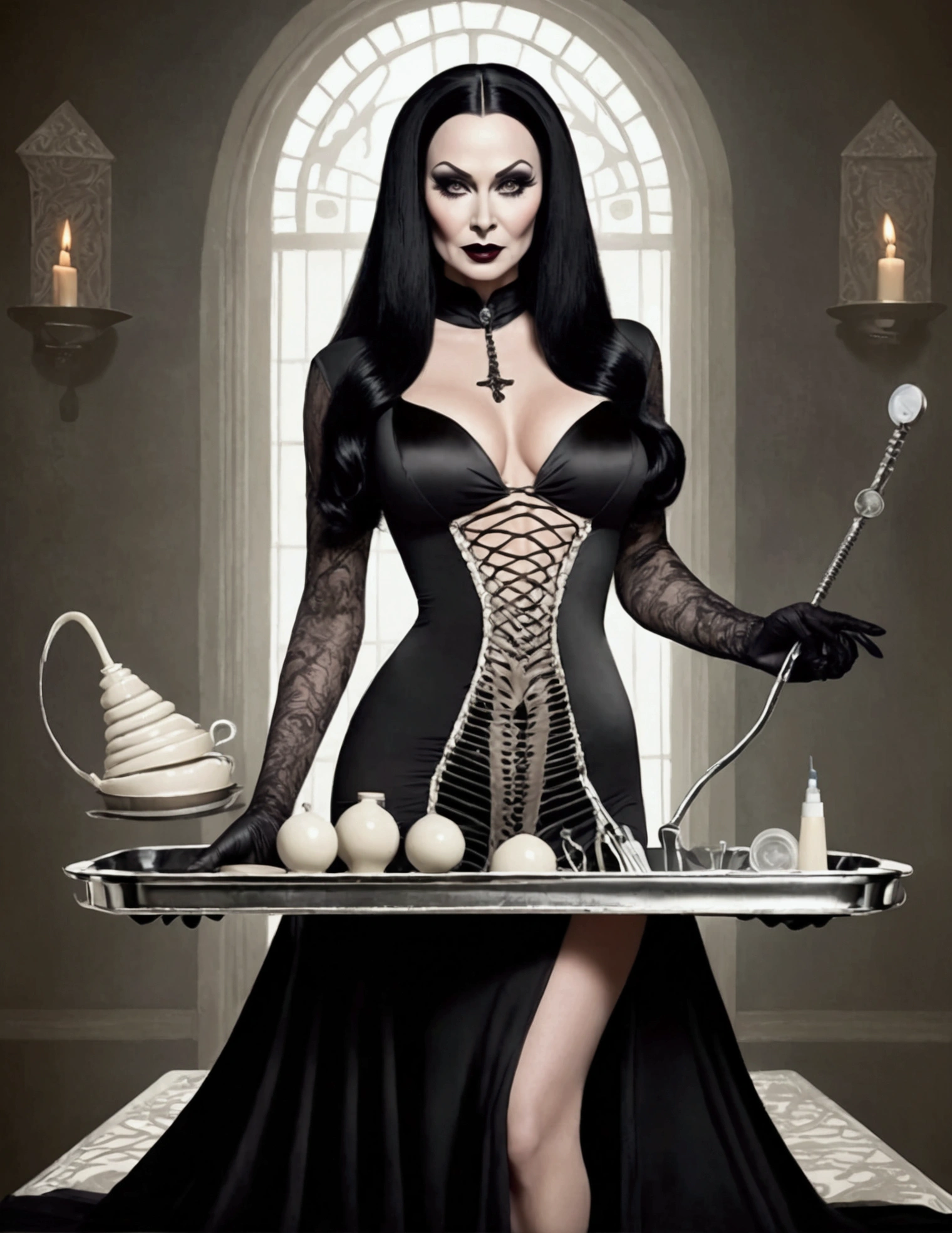 Morticia Adams, in a slinky nurses dress with several deep revealing splits, carrying a tray of scary medical tools, sultry stance
