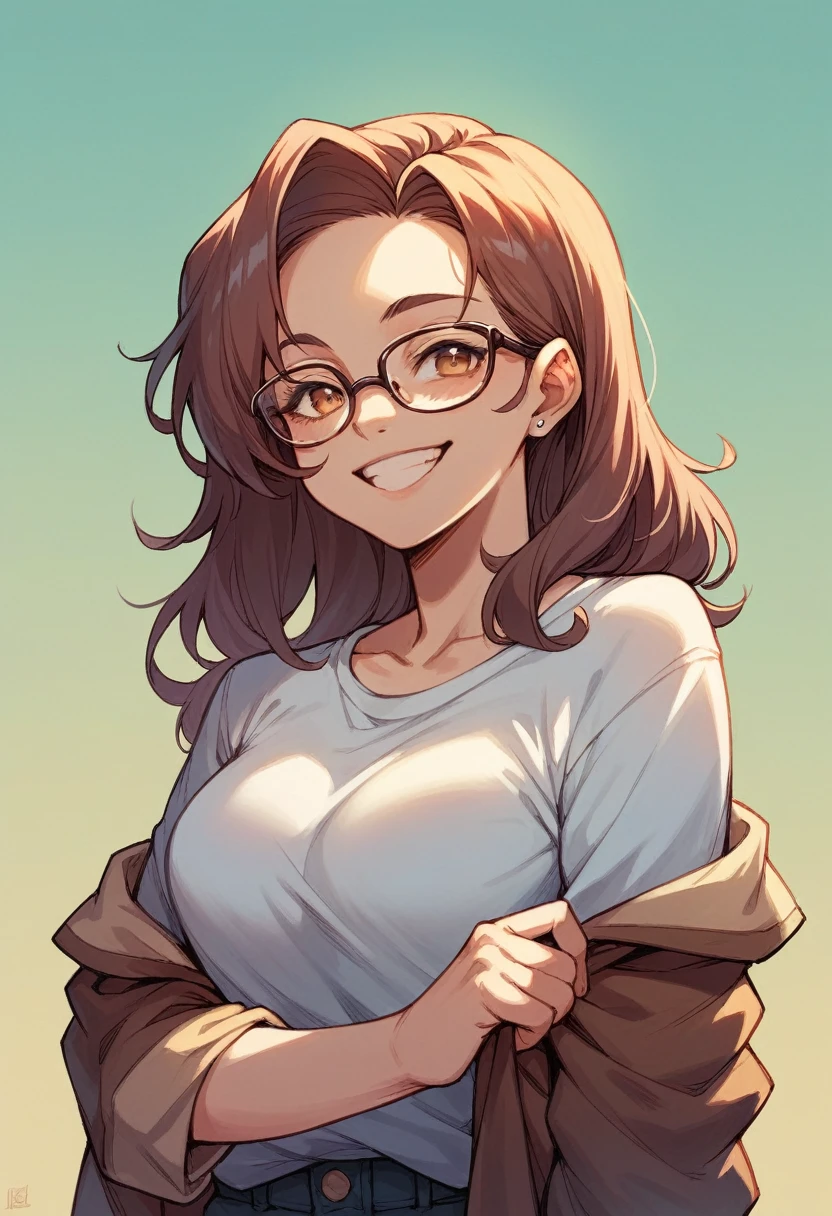 A beautiful topless woman with shoulderlength brunette, very curly,wavy, messy, wet hair, happy facial expression, wearing glasses, earrings and a.