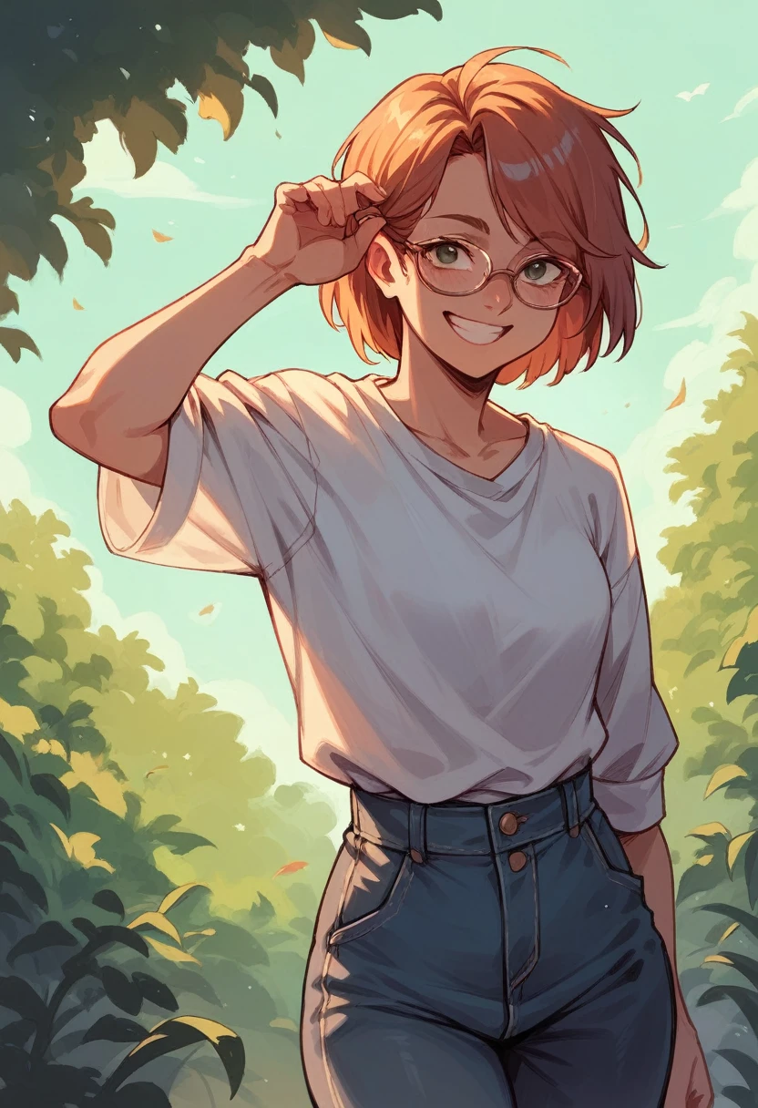 1 girl, cowboy shot, Class, smile, Glasses, I'll leave you alone_let's go to, purple eyes, purple hair, short hair, bang, Lace underwear, Short sleeves, show your breasts,sex, pleated skirt, Best quality, masterpiece, a high resolution, Sleeping position, shows her vagina and big tits