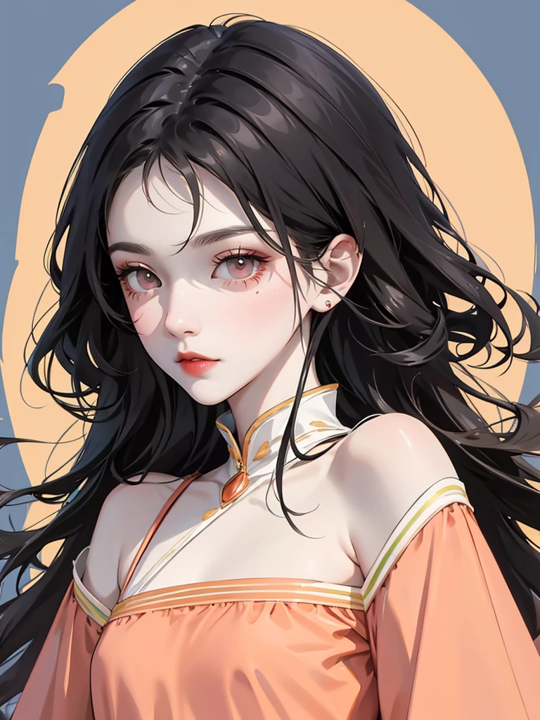 (flat color:1.1),(masterpiece:1.2), original, medium length straight black hair, peach-colored eyes, mature girl