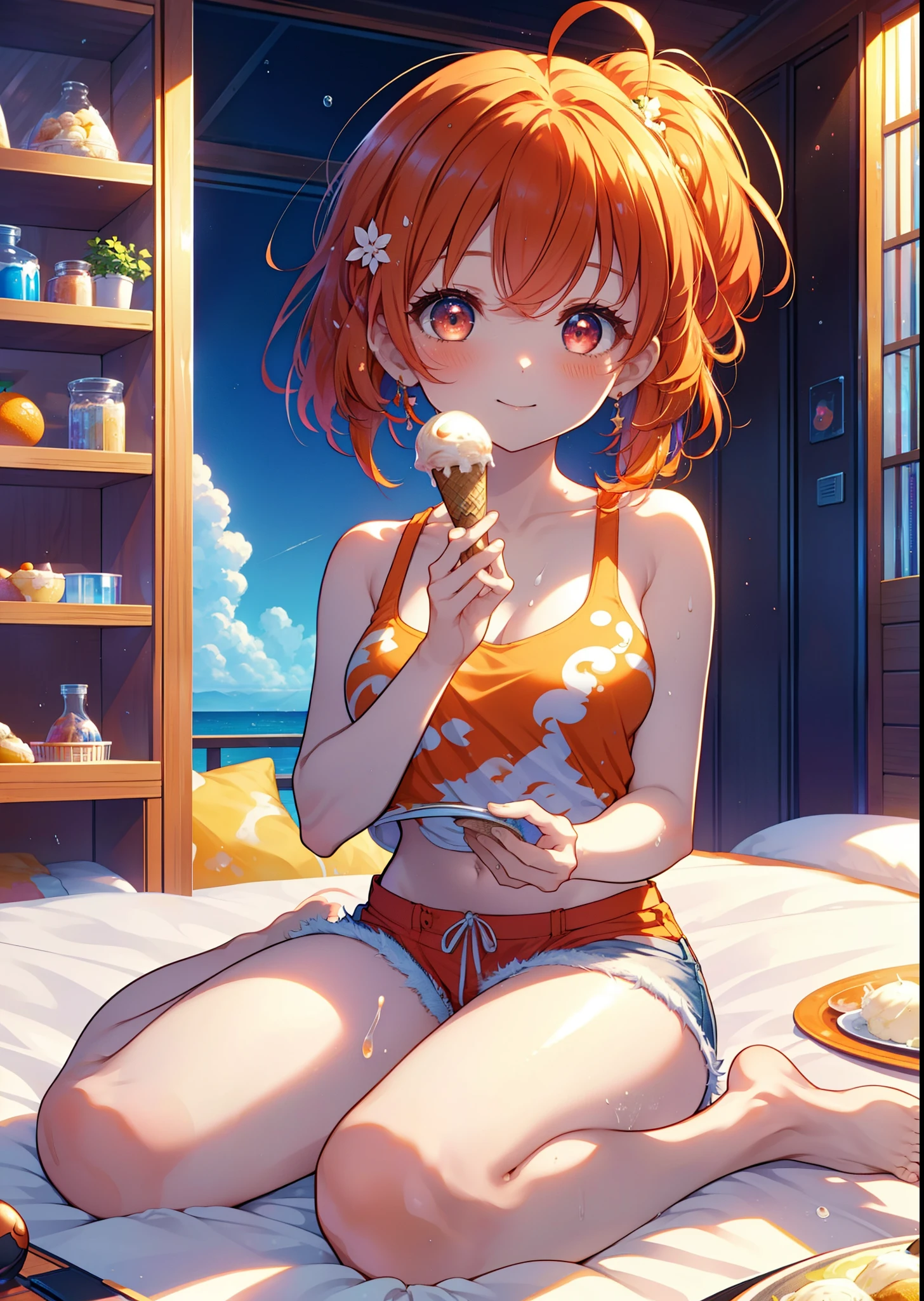 Takahai Chige,Orange Hair,Red eyes,smile,blush,Open your mouth,Long Hair,Ahoge,Orange tank top,Shorts,barefoot,Holding and eating ice cream with both hands,Sitting on the sofa,Daytime,Clear skies,　　　　　　　　　　　　　　　break indoors, room, 　　　　　　　　　　　　　break looking at viewer, whole body, (Cowboy Shot:1. 5)　　　　　　　　　　　　　　　　　　break (masterpiece:1.2), Highest quality, High resolution, unity 8k wallpaper, (shape:0.8), (Beautiful attention to detail:1.6), Highly detailed face, Perfect lighting, Extremely detailed CG, (Perfect hands, Perfect Anatomy),