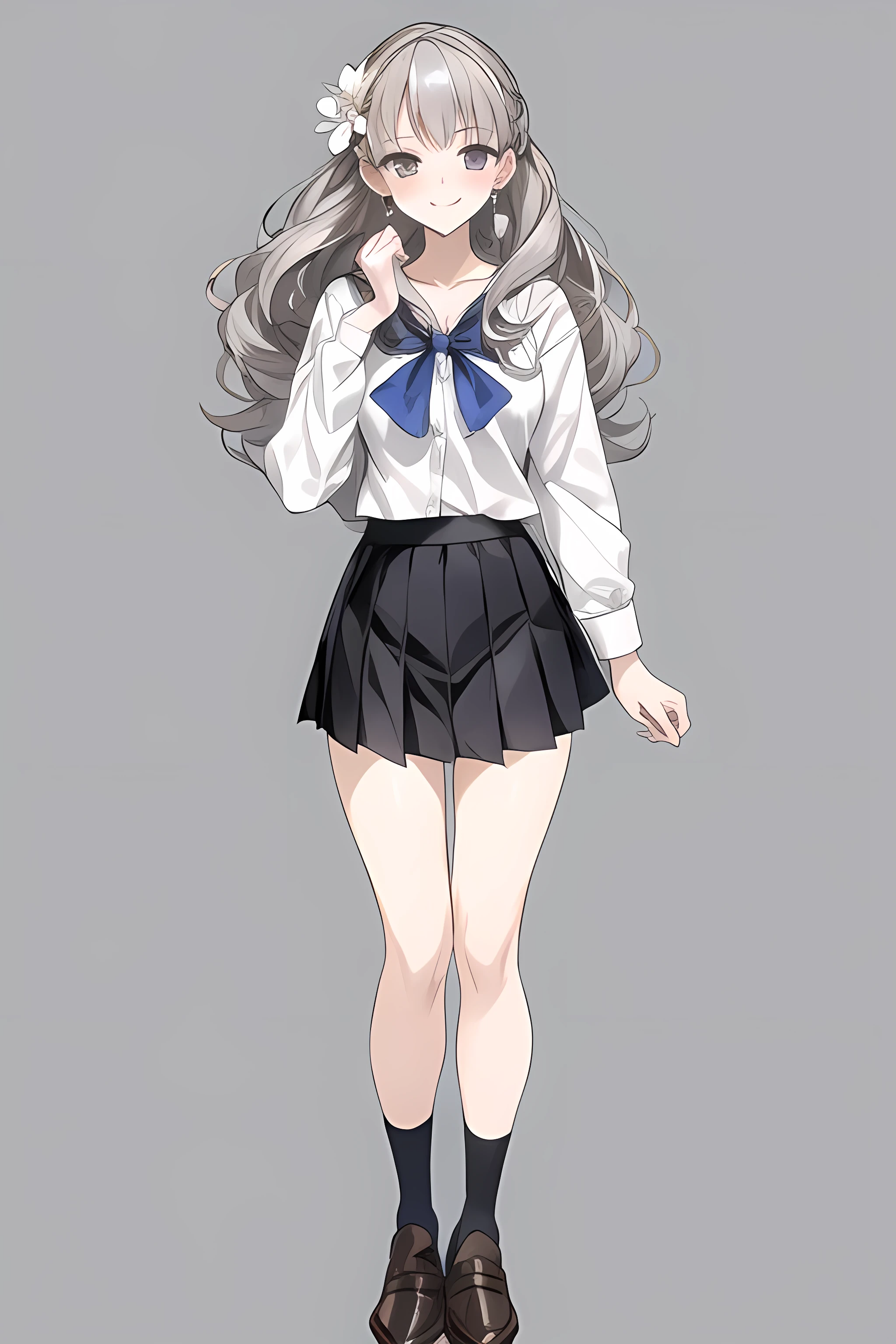 masterpiece, best quality,fuyusaka iori 1, 1girl, solo, hair flower, white shirt, short skirt, black skirt, pleated skirt, hair ornament, flower, long hair, full body, socks, gray hair, white flower, gray eyes, looking at viewer, classroom background, middle breast, smile, shameful face, slander, standing, loafers, cowboy shot, perpect hands, adult, ecstasy face, thigh, sweat, sweat pussy,