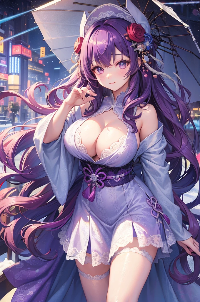 Masterpiece, Best quality, In winter, Snow, Cityscape, Realistic, Real, Huge_filesize, the wallpaper, Gradient_Background, Japanese, Girl, Long hair, Purple hair, Wavy hair, hair stick, heart-shaped hair ornament, Fake smile, Medium breasts, shift dresses, No bra, Lace, nipple tweak_thigh high,