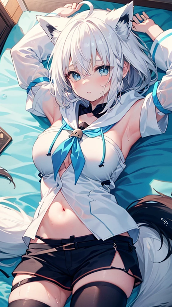 (best quality:1.2), (ultra detailed:1.2),(masterpiece:1.2),(8k:1.2),(aafbk, long hair, ahoge, animal ears, breasts, fox tail, blue neckerchief, white hoodie, detached sleeves, white sleeves, navel, short shorts, black shorts, thigh strap, single thighhigh, black thighhighs),(Blessed,Captivating body、Ultra detailed hands、Ultra-detailed eyes、Ultra-detailed skin、ultra-detailed face,Detailed Background),One Girl、(bedroom,lie down, watery eyes,arms up:1.5),(Embarrassing:1.5)