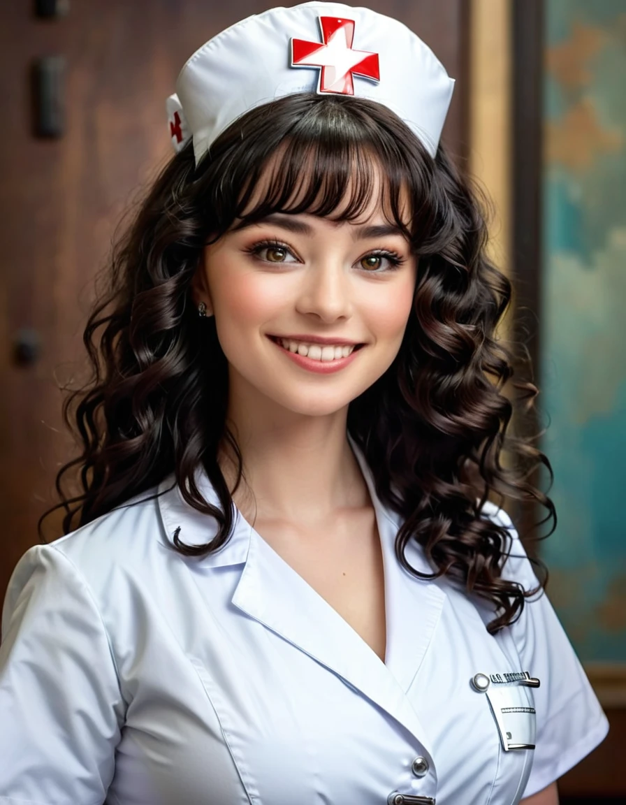 Harajukugirl, perfecteyes, (masterpiece, best quality:1.2), 1girl, solo, black hair, long hair, wavy hair, blunt bangs, curly bangs, realistic, grin,  insanely detailed and intricate, beautiful detailed hair, beautiful detailed face, beautiful detailed eyes, beautiful clavicle, beautiful body, beautiful chest, beautiful thigh, beautiful legs, beautiful fingers, shiny skin, hyper detailed, ultra high res, absolutely resolution, 4K, ultra HD, insanely detailed and intricate, high resolution, HDR, beautifully, aesthetic, extremely detailed CG unity 8k wallpaper, nurse cosplay, nurse outfit, cowboy shot, (beautiful detailed background),