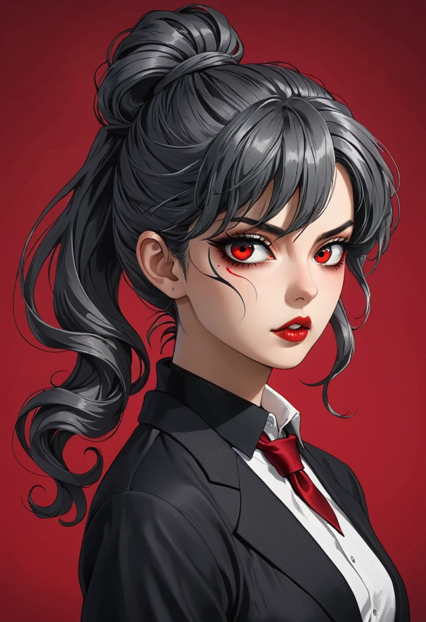 Dark grey hair，Some curl at the end，I usually comb my hair and tie it into a high ponytail at the back of my head.，A pair of red eyes，The third eye and the right eye grow on the same side，There is a small scar at the corner of the mouth