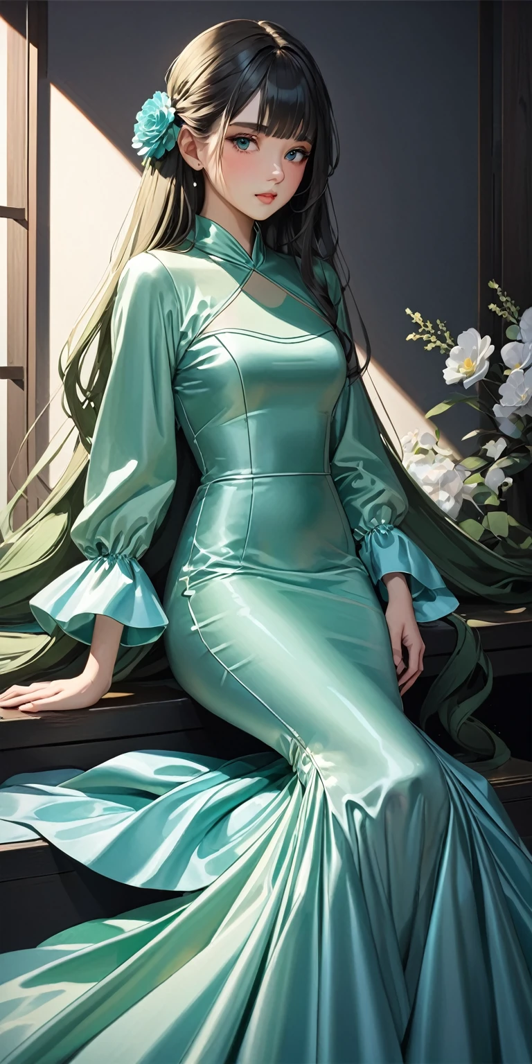 Portraiture、(masterpiece,Highest quality,Ultra-high resolution),Japanese women, (((Very beautiful 25 year old girl))),She is wearing a long-sleeved dress made of shiny pale green-blue satin.、The dress has a simple design without any patterns.、The skirt is mermaid style、Dark Room