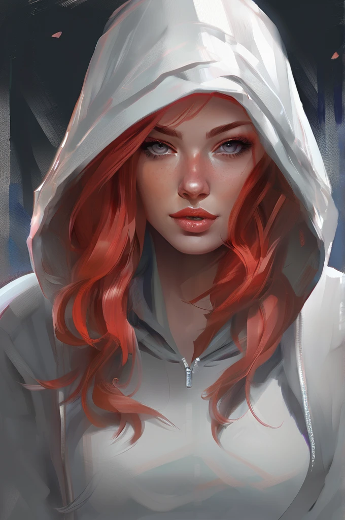 Painting of a woman with red hair and a hoodie, bloody scratch on face, beautiful character painting, rossdraws portrait, digital painting concept art, ArtStation Painting, Character portrait, fantasy concept art portrait, alexandra fomina artstation, cgsociety portrait, Character portrait, rossdraws 1. 0, stunning character art, gorgeous digital painting, Character portrait крупным планом, Digital Character Painting, cleavage, short skirt, thigh