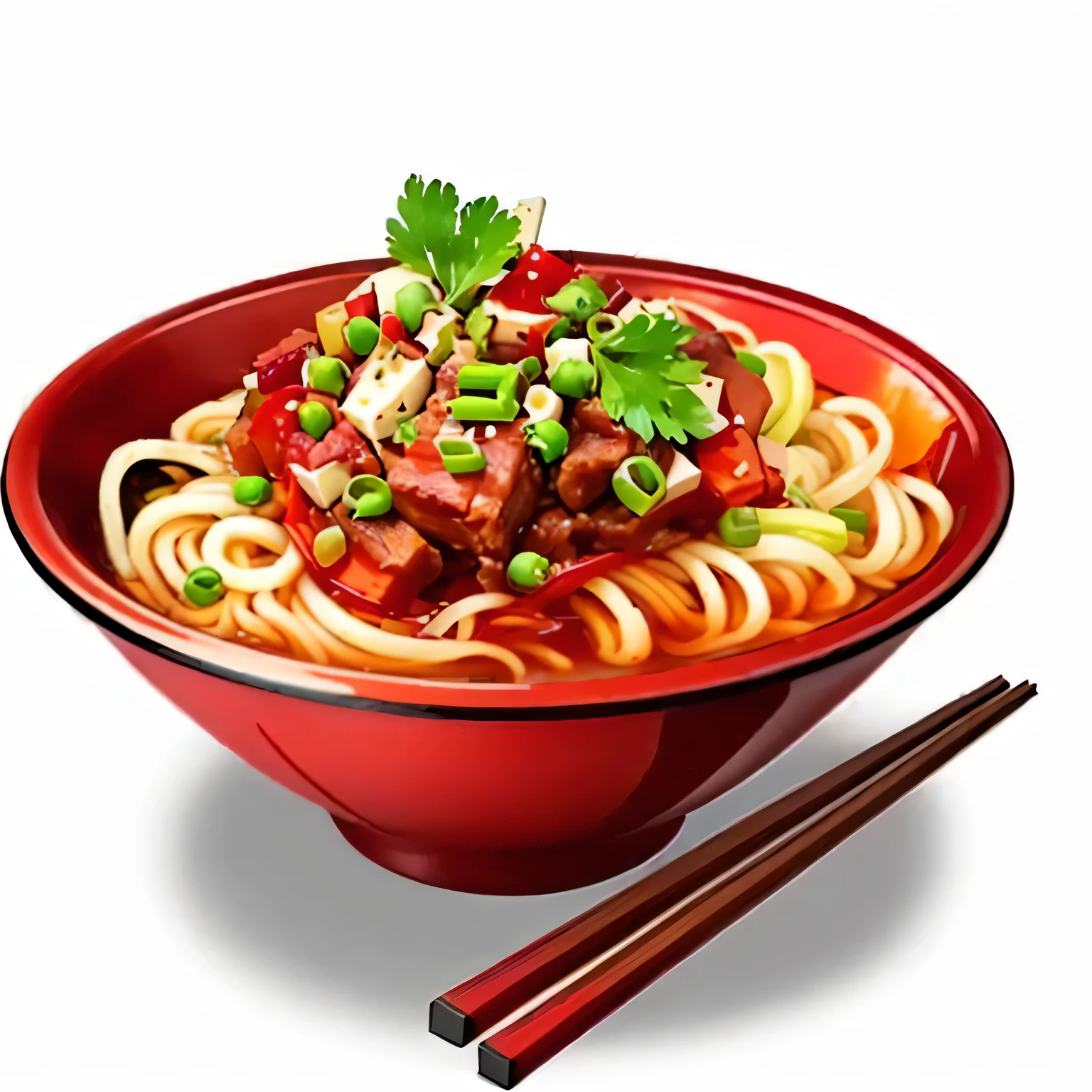 a red bowl of Noodle with meat and vegetables with chopsticks, Noodle, Map tofu cartoon, Okame, delicious food, ❤🔥🍄🌪, eating Noodle, Fantasy food world, Anime Food, Hyper-realistic food pictures, Fresh peas, Black person, food, Sichuan, Sakimi Chen, tasty, Chinese, User Photos, Hand-Pulled Noodle