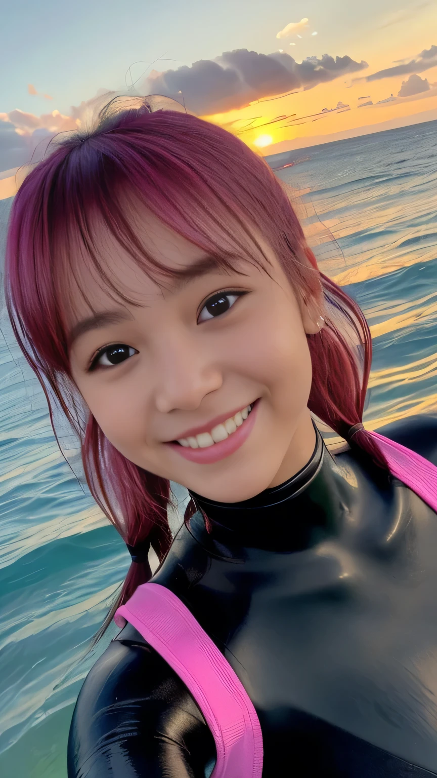 ｟ponytail｠、Take a selfie from the front、Masterpiece（Close-up shot 1.5）、looking at the camera、Mid-chest、(dark　skin1.5)、19 years old、Bright pink hair、With bangs、Cute smile、（Wetsuit）、Hawaii、sunset、Wet Hair、