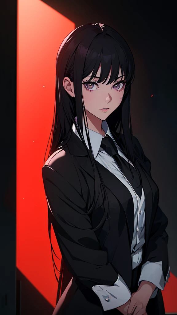 1girl, long black hair, white business shirt with tie, halo over head, beautiful detailed eyes, beautiful detailed lips, extremely detailed face, long eyelashes, standing on red and black gradient background, anime style, film noir, berserk manga, neon genesis evangelion, UFOTABLE art style, zero two, dark anime, monochrome, (best quality,4k,8k,highres,masterpiece:1.2),ultra-detailed,(realistic,photorealistic,photo-realistic:1.37),HDR,UHD,studio lighting,ultra-fine painting,sharp focus,physically-based rendering,extreme detail description,professional,vivid colors,bokeh