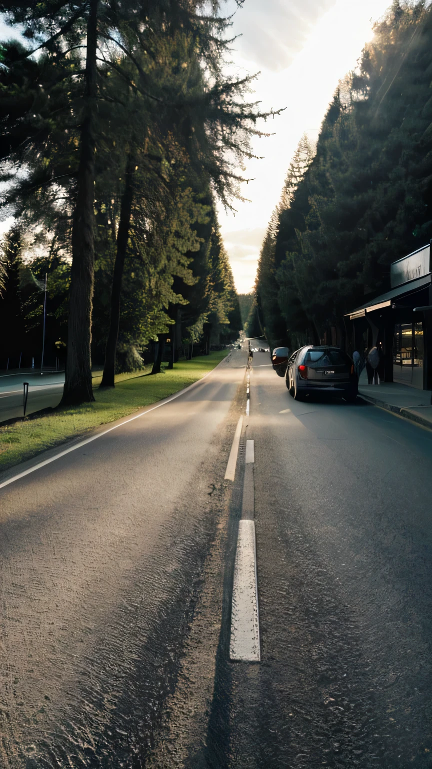 Outside the cafe as the sun begins to set,The road in front of you,Walking People々
