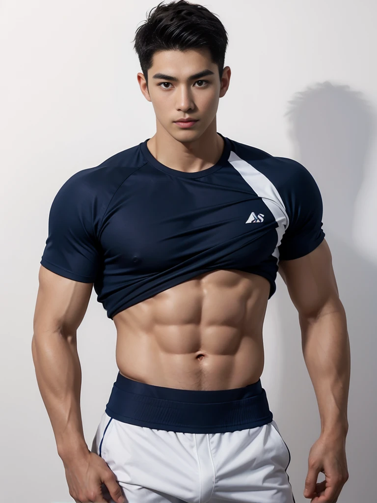 1 Handsome naked Japanese guy ,Sexy pose, A 20 year-old man wearing a Bare chest shirt and Excellent shorts stands against a white background, navy Blue, navy Blue, Sports T-shirt, Blue, Excellent Sportswear, Gorgeous and sexy clothes, Sportswear, Short sleeve, Jinjinshen Blue clothes, Tall young man, Tennis suits, Wearing sportswear, dark Blue decorative clothing,male,Bare chest,Full chest muscles,Swelling of chest muscles,Six-pack,Hips, Handsome,High,Muscles look good,hairy body,Sexy expression, Wheat complexion,black eyes(thin eyes 1:3),Full body image, Excellent, perfect dick shape, Perfect hand details,Detailed you, , Mostly juicy ass, The opening of your legs