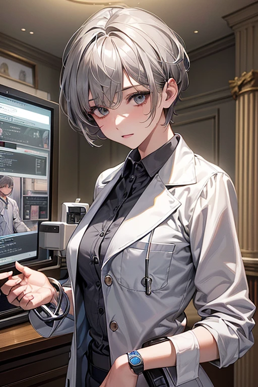 ((Highest quality)),(超High resolution),(Very detailed),(Detailed Description),((The best CG)),(masterpiece),Ultra-detailed art、(Highest quality、8k、32K、masterpiece)、(Realistic)、(Realistic:1.2)、(High resolution)、Very detailed、Very beautiful face and eyes、1 female、((Gray Hair、Very short hair:1.3))、Tight waist、Delicate body、(Highest quality、Attention to detail、Rich skin detail)、(Highest quality、8k、Oil paints:1.2)、Very detailed、(Realistic、Realistic:1.37)、Bright colors、((Pale blue tight fitting lab coat、Smart collar、Hidden snap buttons at cuffs、A pastel colored blouse underneath))、(Silver high sensitivity stethoscope、Smart Watches)、((The room is equipped with advanced medical equipment and displays displaying patient data.:1.6))、The environment is clean and bright、It's a professional atmosphere。