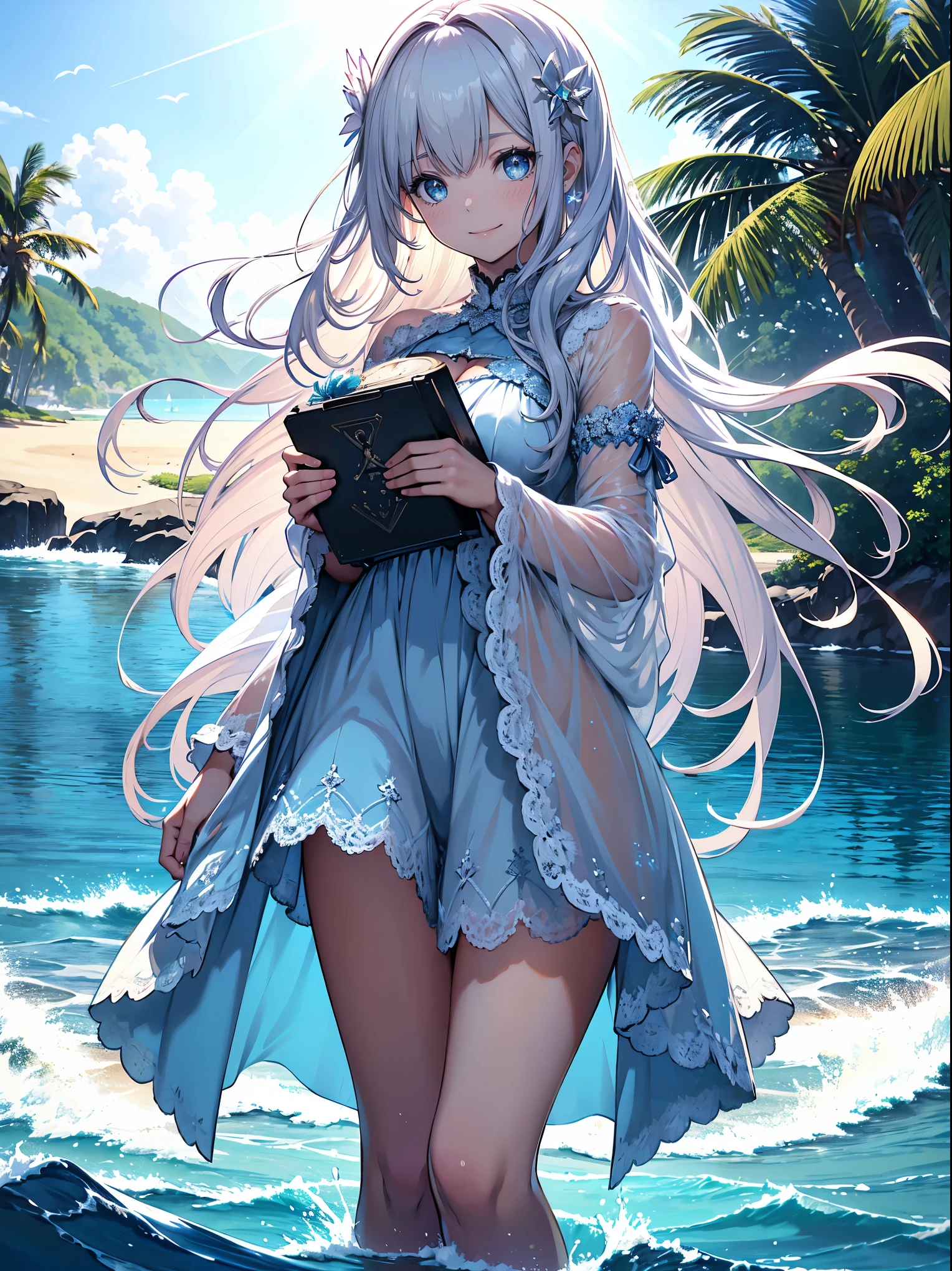 RAW Photos, Realistic, Ultra-realistic, RAW Photos, Realistic, Ultra-realistic, beautiful girl, large sparkling eyes, smiling, white lace gothloli dress, standing in ocean, summer, clear blue sky, crystal clear water, flowing long smooth hair, gentle breeze, soft lighting, sun shining, 2.5D illustration, highly detailed, award-winning artwork, serene, peaceful, ethereal, Highest quality, masterpiece, Ultra-high resolution, 8K, Highest quality, masterpiece, Ultra-high resolution, 8K