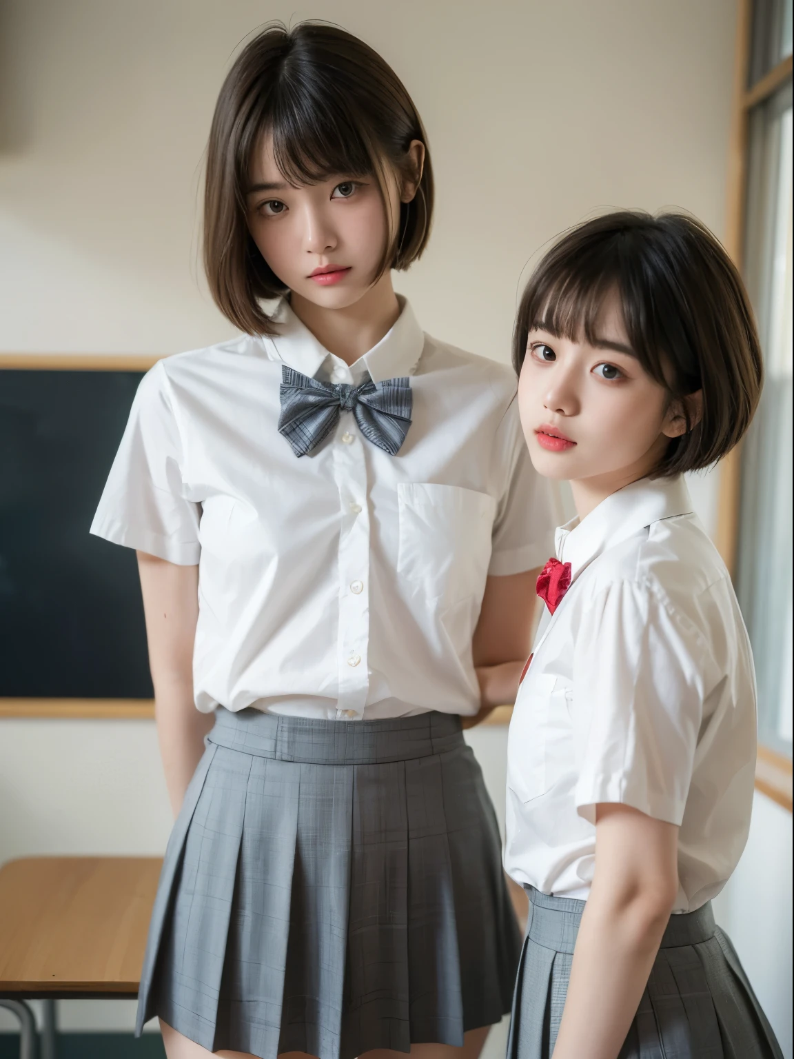 (8k, Top quality, Masterpiece:1.2), (Realistic, photo-realistic:1.37), Super detailed, perfect ???????, cute, small eyes, 18 years old, a Japanese, girl, white shirt, bow tie, school skirt, classroom, short hair, blunt bangs,