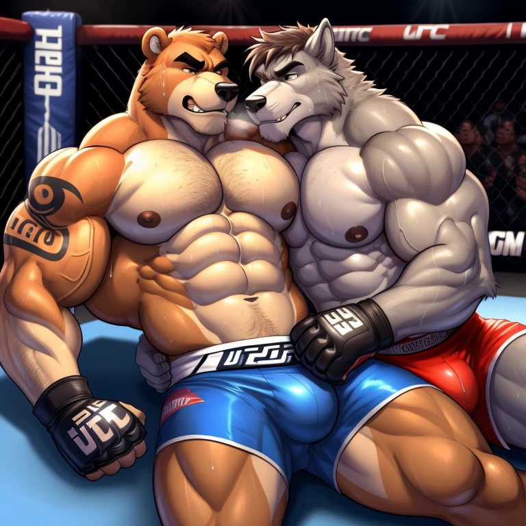 Duo male(Brown Bear vs Gray wolf, handsomes, handsome hairstyle, tails, Thick eyebrows), gay(Lying down, cuddling embraced, on a UFC match), hot(Shirtless), handsomes(They are handsomes, correct anatomy), musculosos(Big muscle bodies, Six packs, muscle abs, big pecs, muscle backs, muscle legs), sweaty(very sweaty wet bodies, shiny sweat), tatuajes(they have tattoos), Grumpy(Both have an grumpy expression, growling, grumpy teeths, steaming breath), UFC gloves(They both are wearing UFC gloves), UFC boxers(they both are wearing ufc boxers), Hight resolution, by(Zourik:1.1)