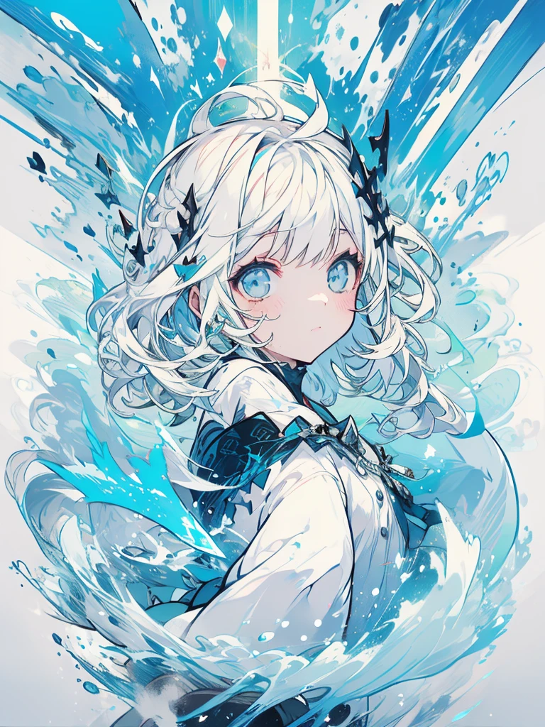 Woman, cute, baggy shirt, tight pants, looking up, magic, white hair, light blue, ice, shark, double teeth, nude
