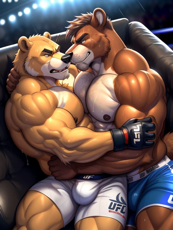 Duo male(Brown Bear vs Gray wolf, handsomes, handsome hairstyle, tails, Thick eyebrows), gay(Lying down, cuddling embraced, on a UFC match), hot(Shirtless), handsomes(They are handsomes, correct anatomy), musculosos(Big muscle bodies, Six packs, muscle abs, big pecs, muscle backs, muscle legs), sweaty(very sweaty wet bodies, shiny sweat), tatuajes(they have tattoos), Grumpy(Both have an grumpy expression, growling, grumpy teeths, steaming breath), UFC gloves(They both are wearing UFC gloves), UFC boxers(they both are wearing ufc boxers), Hight resolution, by(Zourik:1.1) 