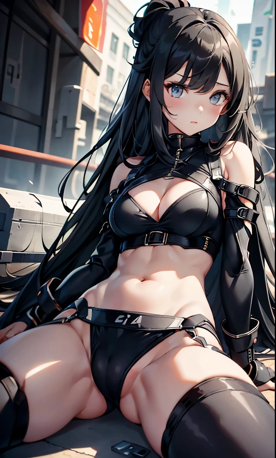 An ,,Cleavage exposed black long hair,Tight Fit内衣,Tight Fit,Steel market background,night,Legs apart,Lie down,Camel toe,,Showing belly,Showing breasts,Display of genitals
