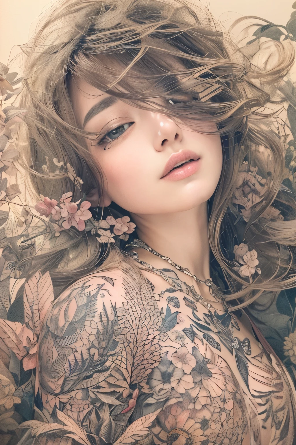 ((((masterpiece))), tattoo、Highest quality, An illustration, Beautiful details shine,
paper_cut, The details of a fragile girl's face captured on camera, wood, moon, butterfly,Wind、star、spider、Ladybug、centipede