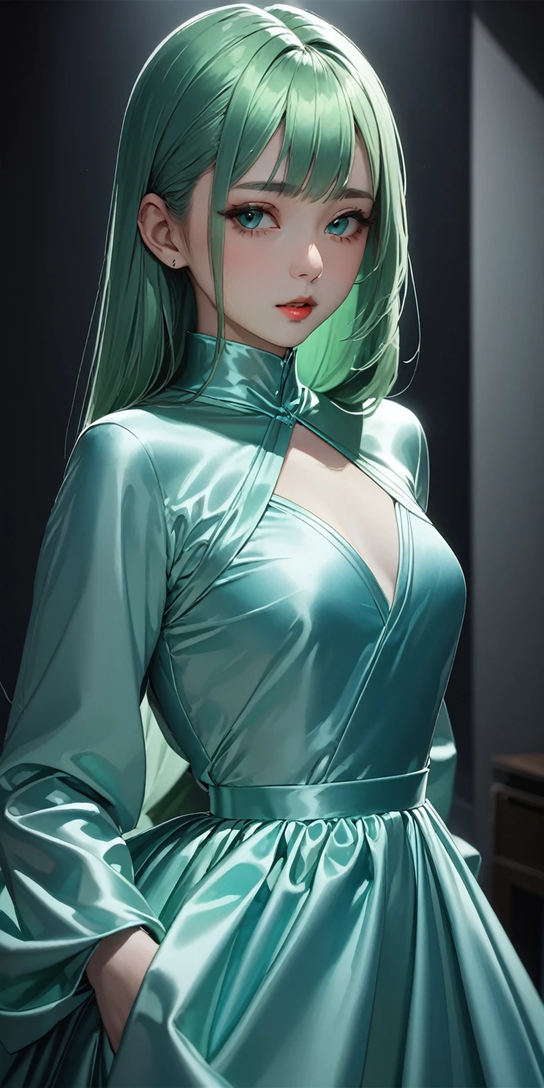 Portraiture、(masterpiece,Highest quality,Ultra-high resolution),Japanese women, (((Very beautiful 25 year old girl))),She is wearing a long-sleeved dress made of shiny pale green-blue satin.、The dress has a simple design without any patterns.、Dark Room