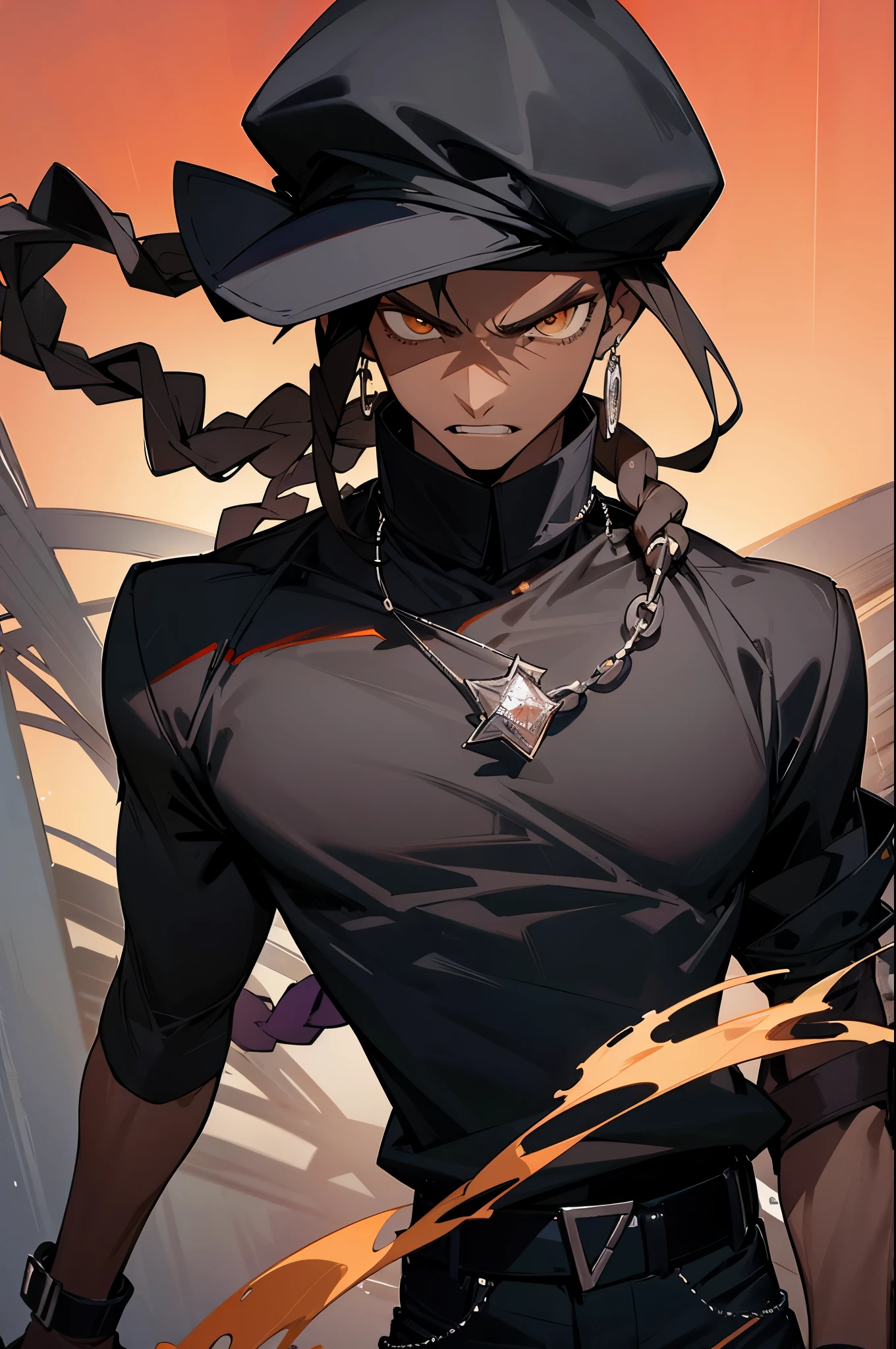 dark skin, dreads, reverse baseball hat, diamond chain, durag on head, upper body, cowboy shot, black jeans, black jacket, black shirt, grills in teeth, diamond teeth, mature, male, serious face, brown eyes, black hair