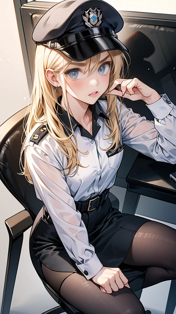 {{masterpiece}}, {{{Highest quality}}},{{Very detailed}},{{{from below}}},{{Blonde female police officer sitting on a chair}}Pencil skirt with slits,belt Black leggings,Black tights,Small breasts Black underwear、Thin legs Black long sleeve police uniform,Sitting in a chair in an office with a serious expression,Focus on legs Spread your legs{{{Sitting in a chair in an office with a serious expression成熟した女性}}},{{疲労でSweatをかいている成人女性}},Sweat,Hold the arm with one hand ,sit,{{Blushing}},{{V-shaped eyebrows}}},{{{}},{椅子にsit}},{},, ,{{}},,,{{}},{{}},,Slender body}}{{Female police officer}},,blush,Wrinkles ,amount,Grit your teeth,suffering,v-shaped eyebrows.,Sweat dripping ,get annoyed,,Inside the office,