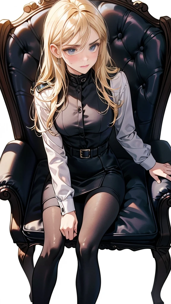 {{masterpiece}}, {{{Highest quality}}},{{Very detailed}},{{{from below}}},{{Blonde female police officer sitting on a chair}}Pencil skirt with slits,belt Black leggings,Black tights,Small breasts Black underwear、Thin legs Black long sleeve police uniform,Sitting in a chair in an office with a serious expression,Focus on legs Spread your legs{{{Sitting in a chair in an office with a serious expression成熟した女性}}},{{疲労でSweatをかいている成人女性}},Sweat,Hold the arm with one hand ,sit,{{Blushing}},{{V-shaped eyebrows}}},{{{}},{椅子にsit}},{},, ,{{}},,,{{}},{{}},,Slender body}}{{Female police officer}},,blush,Wrinkles ,amount,Grit your teeth,suffering,v-shaped eyebrows.,Sweat dripping ,get annoyed,,Inside the office,